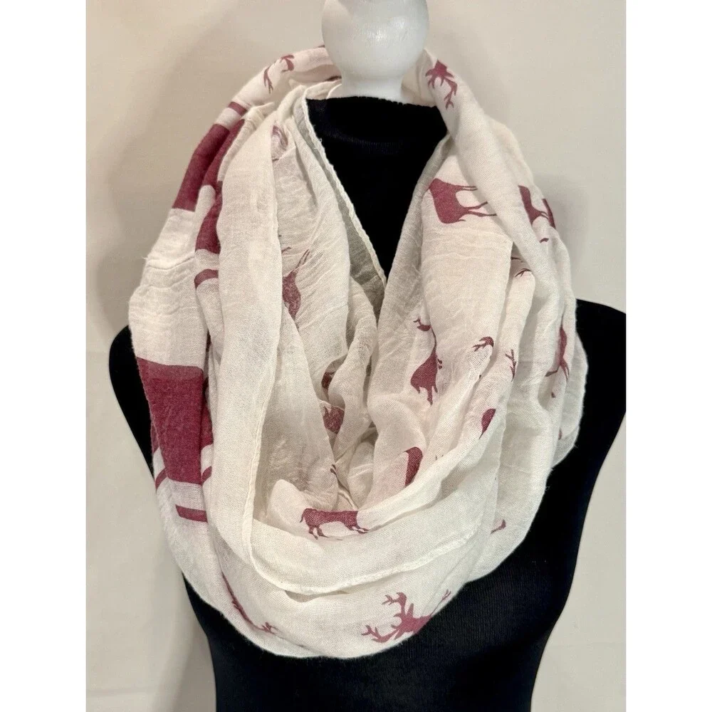 Ivory Burgundy Scarf Infinity Muslin Gauze One-Size Reindeer Holiday Christmas